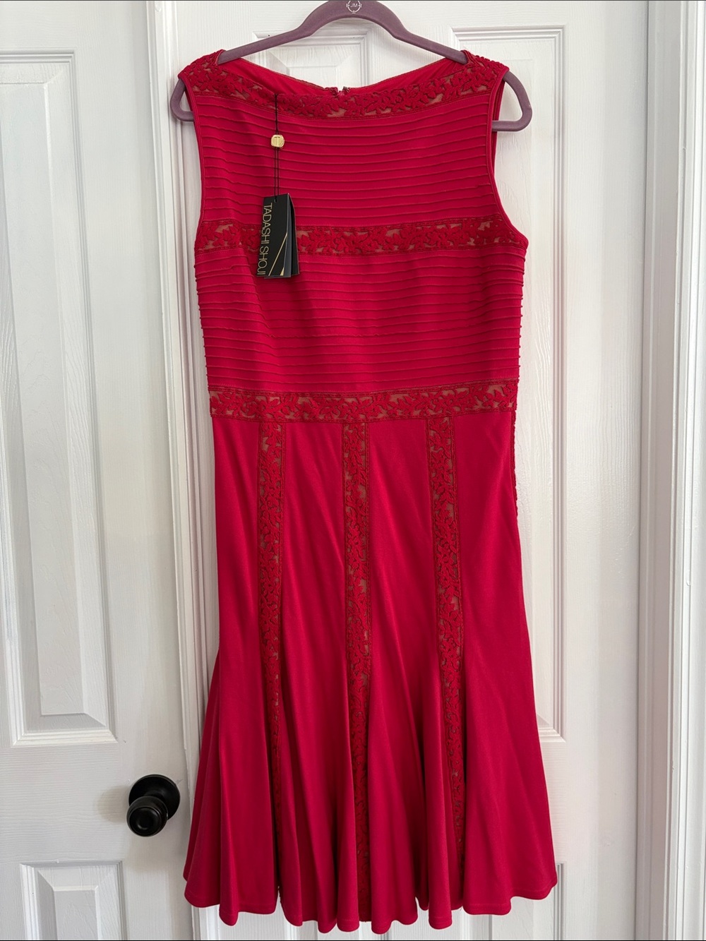 Tadashi Shoji Red Midi Dress with Lace Insets